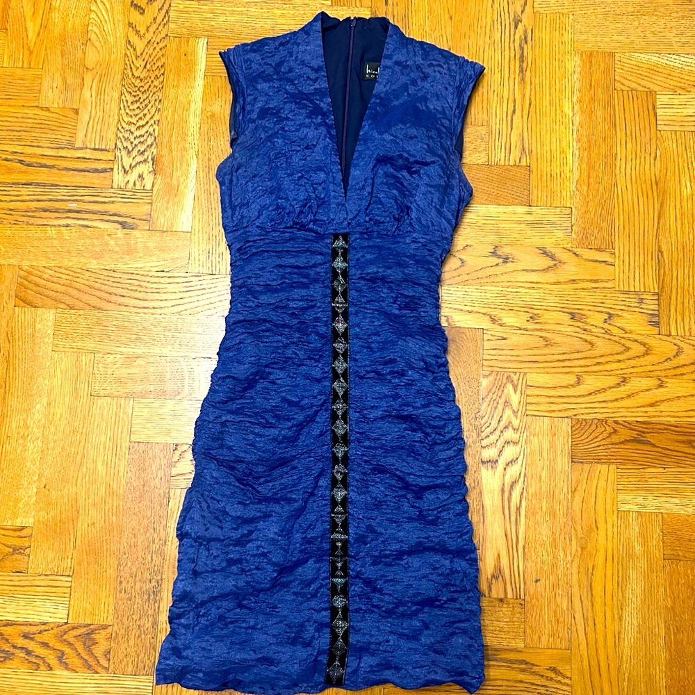 Nicole Miller Collection Short Ruched Blue Metallic Cocktail Sleeveless Dress 4